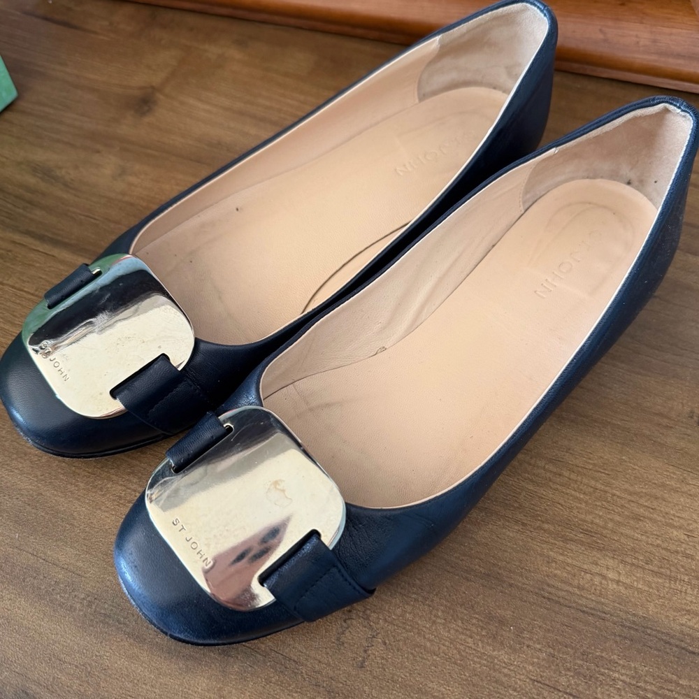St. John Navy Leather Ballet Flats with Gold Plaque